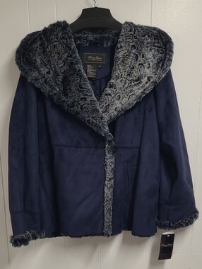 Terry Lewis Classic Luxuries Navy Blue Faux-Suede Hooded Jacket Faux Fur Size 2X